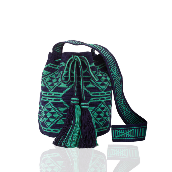 Bolso de Mano Wayuu/Azul Oscuro y Verde Menta