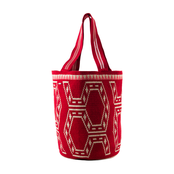 Red/Beige bright Wayuu beach bag and golden threads