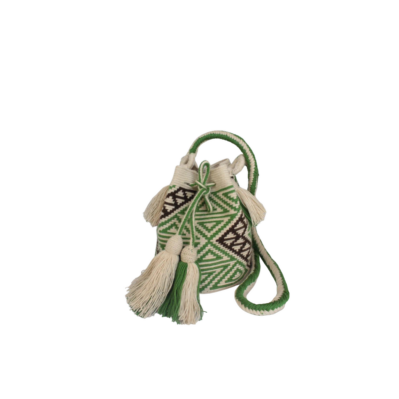 Mini Wayuu White Brown Green Mini Bag with Long Strap and pompoms